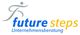 Logo von "Future Steps Unternehmensberatung" mit laufender Figur im Hintergrund.