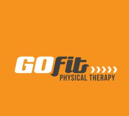"Orange GoFit Physical Therapy logo with white and black text and arrow design."