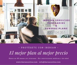 Persona en una cafetería, anuncio de servicios funerarios "El mejor plan al mejor precio".