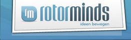 Logo von "rotorminds" mit Slogan "ideen bewegen", auf blauem Hintergrund.
