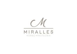 Logotipo con letra "M" y texto "Miralles Horno Pastelería" en fondo blanco.