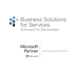 Logo mit Text: "Business Solutions for Services" und "Microsoft Partner Gold Enterprise Resource Planning".