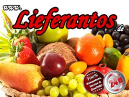 Obstkorb mit diversen Früchten und dem Schriftzug "Lieferantos.de" darüber.