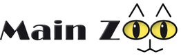 Schwarzer Schriftzug "Main Zoo" mit Katzenaugen und Ohren über den Buchstaben "oo".