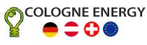 Grünes Glühbirnen-Logo, "COLOGNE ENERGY", Flaggen: DE, AT, CH, EU.