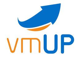 Logotipo de "vmUP" con una flecha azul ascendente y detalles en naranja.