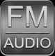 Metallisches Logo mit der Aufschrift "FM AUDIO" in großen Buchstaben.
