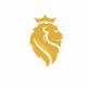 Golden lion head with a crown on a white background.