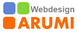 Logo mit der Aufschrift "Webdesign ARUMI" in blau, grün und orange Quadraten.