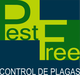 Logo de "Pest Free" en verde y azul, con texto "CONTROL DE PLAGAS" abajo.