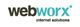 Logo mit Text "webworx internet solutions" in schwarzer und blauer Schrift.