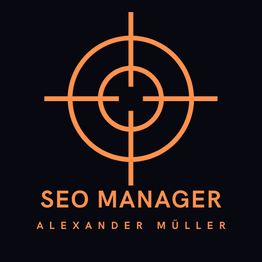 Zielscheiben-Symbol mit Text: "SEO Manager Alexander Müller" in orange auf schwarzem Hintergrund.