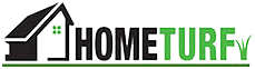 Logo with a stylized house and the text "HOMETURF" in black and green.