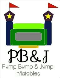 Logo of PB&J Pump Bump & Jump Inflatables with a green castle and red flags.