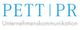 Logo von PETT PR mit dem Text "Unternehmenskommunikation" in Blau und Grau.