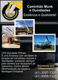 Cartaz da LPS Guindastes Pinhais com fotos de guindastes e contatos para locação.