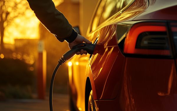 Mann lädt sein Auto an einer E-Ladesäule auf. Im Hintergrund geht die Sonne unter.