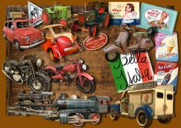 Vintage-Spielzeug: Autos, Motorräder, Traktoren und Retro-Werbung mit italienischem Flair.