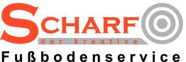 Logo mit rotem Schriftzug "Scharf" und Text "Fußbodenservice" in Schwarz, Zielscheibenmotiv rechts.