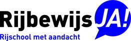 Rijbewijs JA! Logo, rijschool met aandacht, met tekst in zwart en blauw.