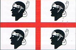 Vier schwarze Köpfe mit Stirnband auf weißem Hintergrund, rotes Kreuz in der Mitte.