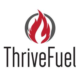 Logo with red flame inside a circle above the text "ThriveFuel" in black letters.