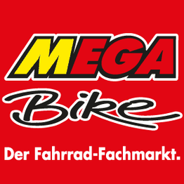 Logo mit Text "MEGA Bike. Der Fahrrad-Fachmarkt." auf rotem Hintergrund.