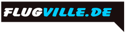 Schwarzes Banner mit dem Text "FLUGVILLE.DE" in weiß und blau.