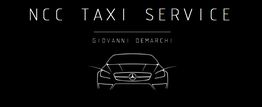 Logo NCC Taxi Service con auto stilizzata e scritta "Giovanni Demarchi" su sfondo nero.