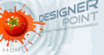 Logo mit Tomate, Text "Designer Point" und den Wörtern "home", "beratung", "kommunikation".
