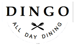 Logotipo con la palabra "DINGO" y debajo, cubiertos cruzados y el texto "ALL DAY DINING".