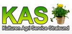 Logo von KAS: Kulturen Agri Service Stralsund mit Topfpflanze und gelbem Blumentext.