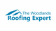 Logo with blue text: "The Woodlands Roofing Expert" and a stylized roof graphic.
