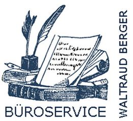 Illustration von Feder, Tintenfass und Büchern mit Text: "Büroservice Waltraud Berger".