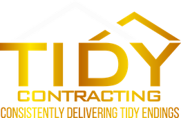 Logo for Tidy Contracting with a roof design and slogan: "Consistently Delivering Tidy Endings."