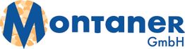 Logo der Montaner GmbH mit blauem Text und einem geometrischen Muster im Buchstaben "M".