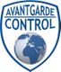 Logo mit Text "Avantgarde Control" über einer Erdkugel, umrandet von einem blauen Schild.