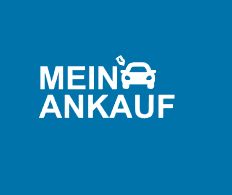 Weiße Schrift "MEIN ANKAUF" mit Autosymbol auf blauem Hintergrund.