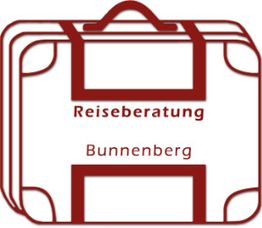 Symbol eines Koffers mit den Wörtern "Reiseberatung Bunnenberg" in roter Schrift.
