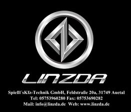 Logo von Linzda mit Firmenkontaktdaten und metallic Silberdesign auf schwarzem Hintergrund.