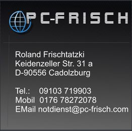 Visitenkarte von PC-Frisch mit Adresse und Kontaktinformationen in Cadolzburg.