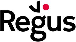 Logo van Regus met zwarte letters en een rode stip boven de 'g'.