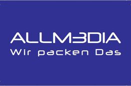 Blaues Logo mit weißem Text: "ALLM3DIA Wir packen Das."