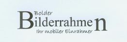 Textlogo: "Bolder Bilderrahmen - Ihr mobiler Einrahmer" auf hellblauem Hintergrund.