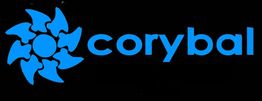 Logo azul de "corybal" con un diseño circular abstracto a la izquierda sobre fondo negro.