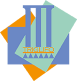 Logo con columnas azules y triángulos sobre fondo geométrico naranja y verde. Texto: TRIGLIFO.