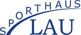 Blaues Logo mit dem Schriftzug "Sporthaus Lau", die Buchstaben formen einen Bogen.
