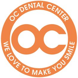 Logo with "OC Dental Center" and "We love to make you smile" in orange circle.