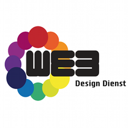 WE3-Design-Logo mit buntem Kreis aus Farbklecksen. Text: "Design Dienst".