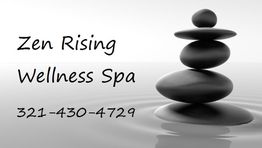 Text: "Zen Rising Wellness Spa 321-430-4729" with stacked stones on a calm water surface.